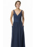 Slim V Neck Navy Blue Chiffon Bridesmaid Dress